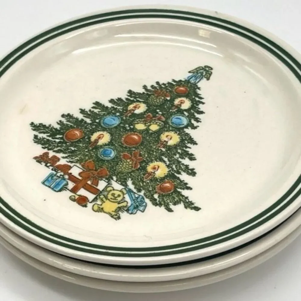 Christmas Tree Plates Lot of 3 Salad Dessert White Ceramic Round Traditional Set